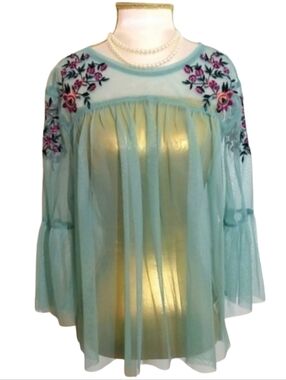 NEW Boho Embroidered Floral Sheer Mesh Top Blouse Aqua Green Color NWOT
